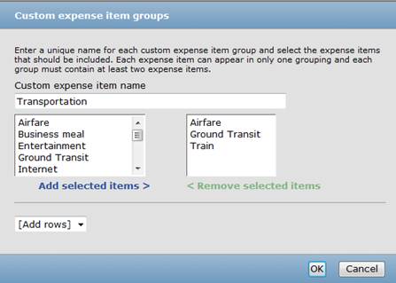 designation of an expense item group while creating custom expense item groups in OpenAir