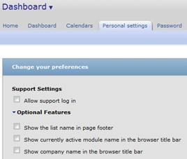 personal settings in OpenAir, with ability to display the active module name in the browser title bar 