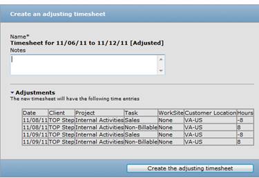 adjustment window for explanation of why timesheet adjustment was performed 