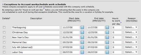adding holidays to the company defined calendar by creating exceptions to the work schedule 