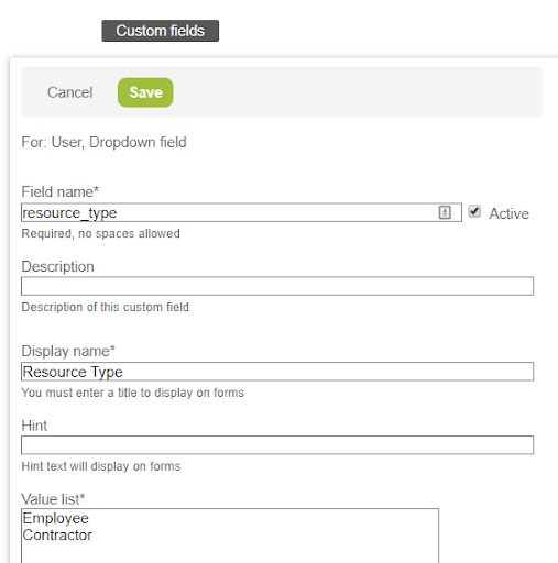 example of resource type custom field drop-down for the user record 