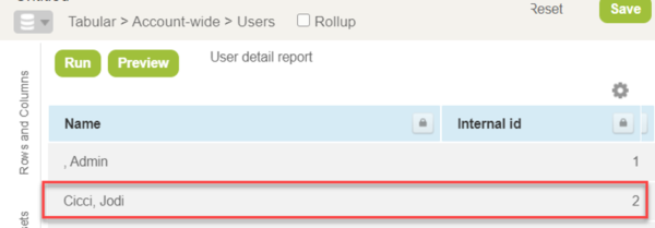 looking up the internal id of a user by running a user detail report with name and internal id