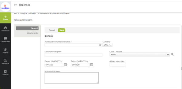 adding a name, description, project, and date range to new authorization form
