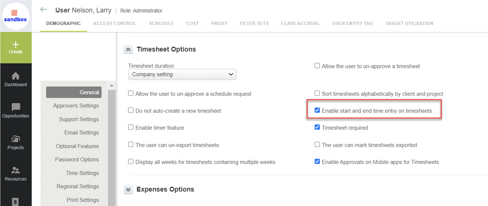 checking the box to enable start and end time entry on timesheets in the timesheet options 
