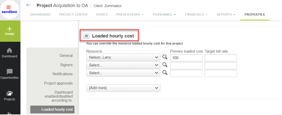 loaded hourly cost section on project properties form 