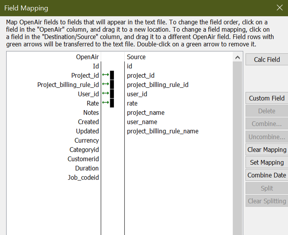mapping the fields that will appear in the csv load file for the user project rate table 