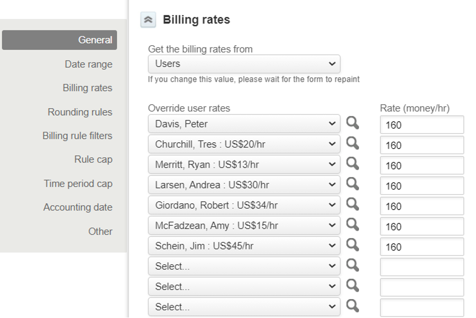 multiple projects and multiple billing rules updated with user override rates