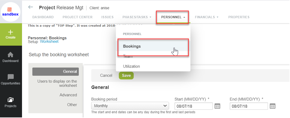personnel bookings option available in the personnel menu of a project