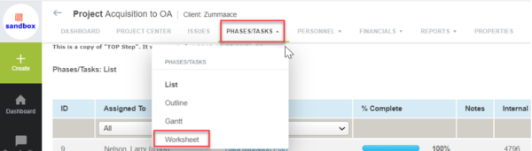 showing the worksheet task view option in phases/tasks