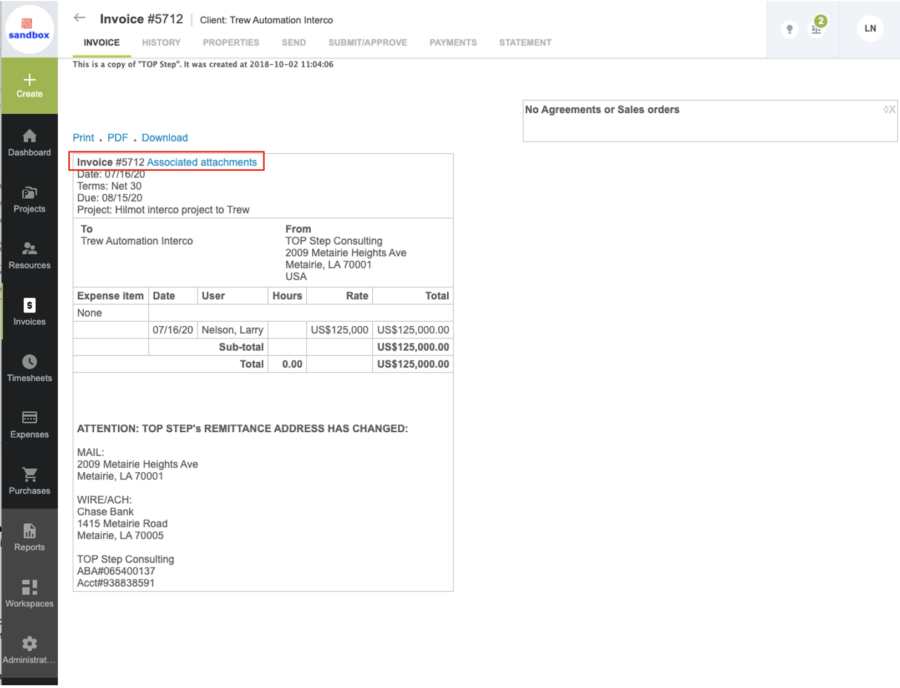 invoice showing associate attachment link