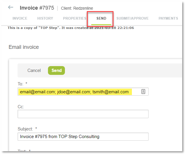 all of the emails from the client record are showing in the to field of the invoice email