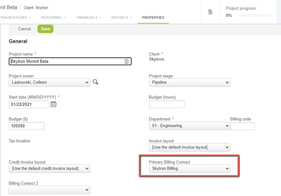 viewing the primary billing contact field in a project property page 