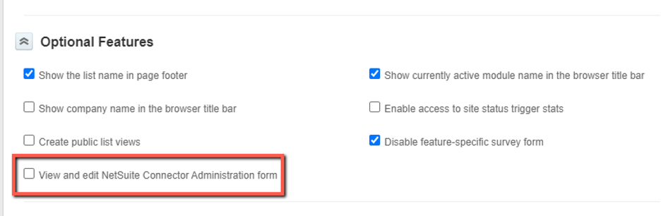 checkbox to view and edit netsuite connector administration form