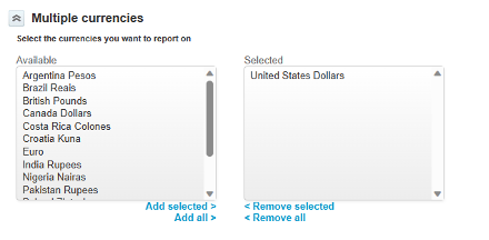 Screen shot of currencies selection in OpenAir