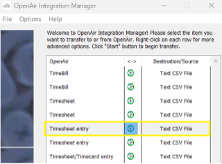 screenshot of OpenAir Integration Manager screen