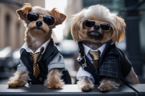 two dogs dressed up in suites and sunglasses.