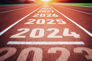 Start of new year. Changes of year 2024, 2025, 2026 on Running track.