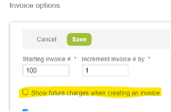 screen shot of the window to make the setting change for allowing future charges on an invoice in OpenAir