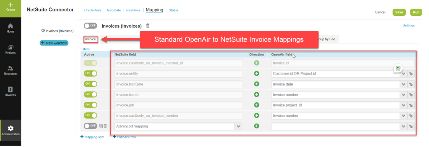 Screen shot of standard OpenAir to NetSuite mappings