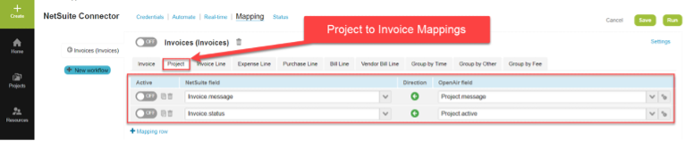 Screen shot of project to invoice mapping