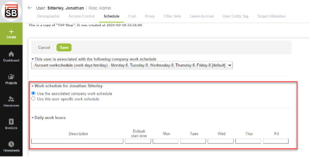 Screen shot of Administration – Global Settings – Users b. Choose the user, click the “Schedule” tab, and review settings 