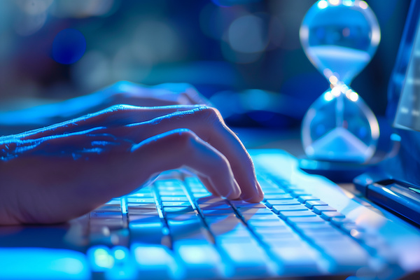 close-up of hands typing on a keyboard against a backdrop of soothing blue tones, with an hourglass nearby