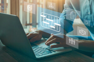 Project management concept with icon of gantt chart, project manager working on computer