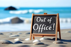 Out of Office sign on a beach