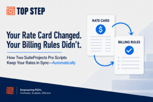Rate card and billing rules with arrows showing autmatic sync